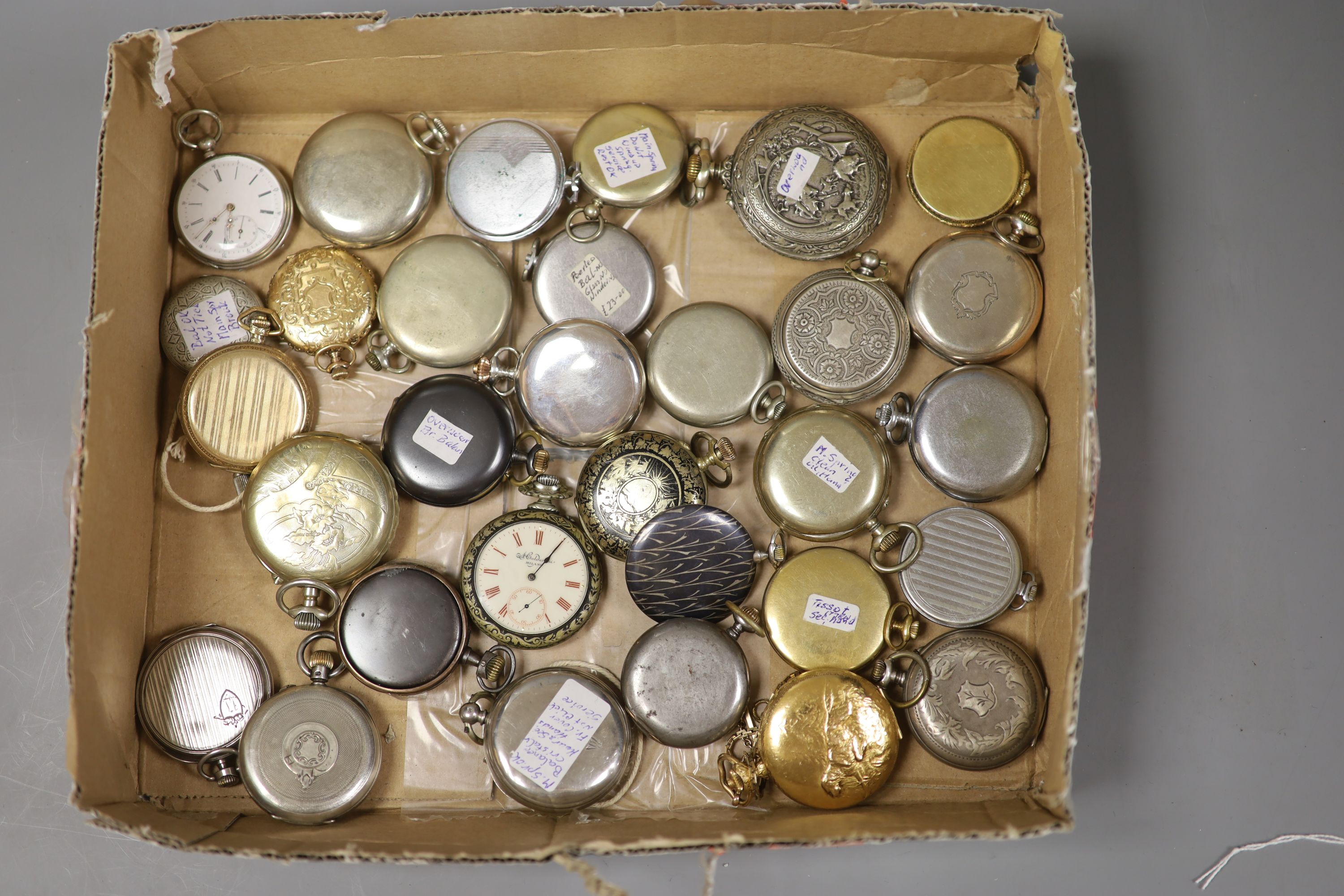 A collection of assorted mainly white metal an base metal pocket watches including silver J.W. Benson, Zenith and Longines.